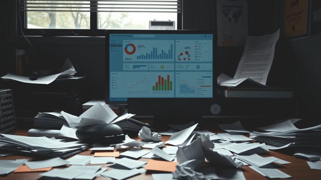 Een rommelig kantoor met een ongeorganiseerd bureau en chaotisch CRM-dashboard.