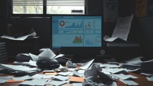 Een rommelig kantoor met een ongeorganiseerd bureau en chaotisch CRM-dashboard.