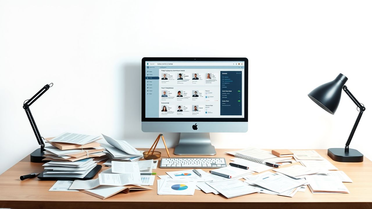 Een rommelig kantoor met verspreide documenten en een wervings-CRM-dashboard op de computer. Een rommelig kantoor met verspreide documenten en een wervings-CRM-dashboard op de computer.