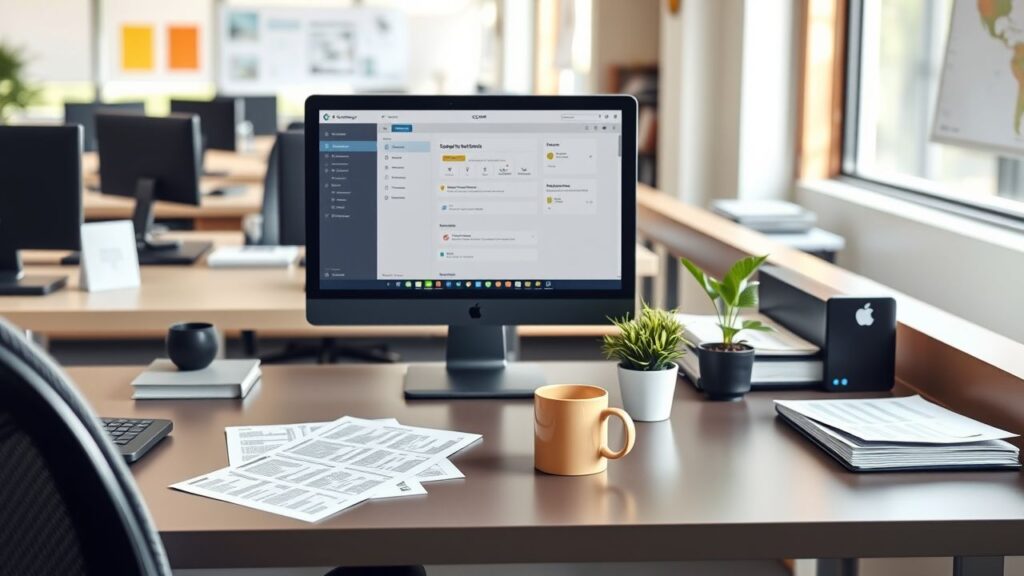 Een opgeruimd kantoorbureau met een CRM-systeem, papieren en koffiemok.