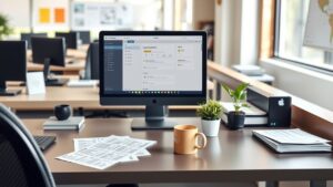 Een opgeruimd kantoorbureau met een CRM-systeem, papieren en koffiemok.