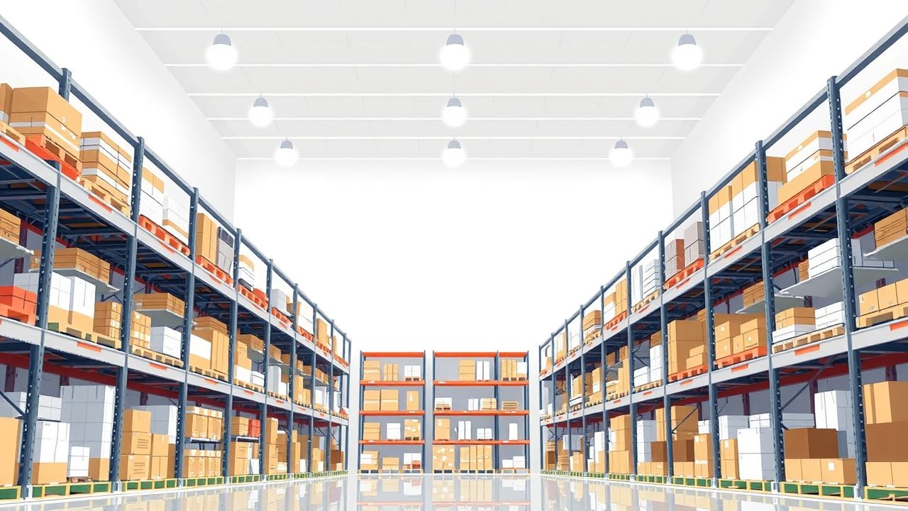 Een goed georganiseerd en functioneel magazijn met diverse producten op schappen.