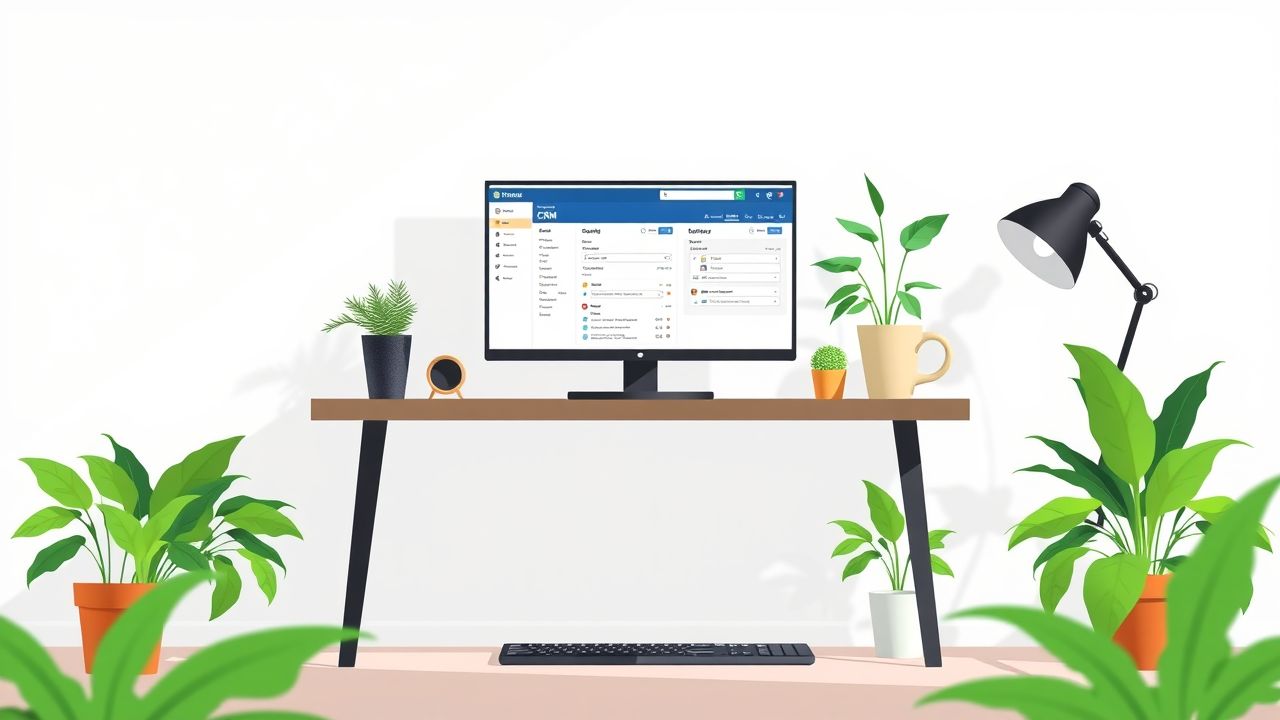Een moderne kantoorwerkplek met een computer en planten.