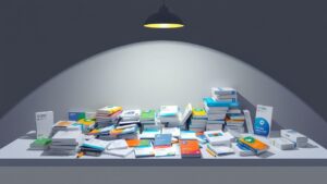 Een rommelig bureau vol met verschillende CRM softwareverpakkingen.