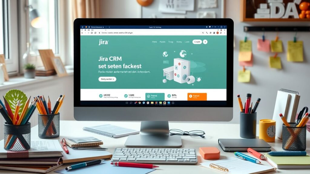Een Nederlandse website toont de Jira CRM interface in een druk kantoor.