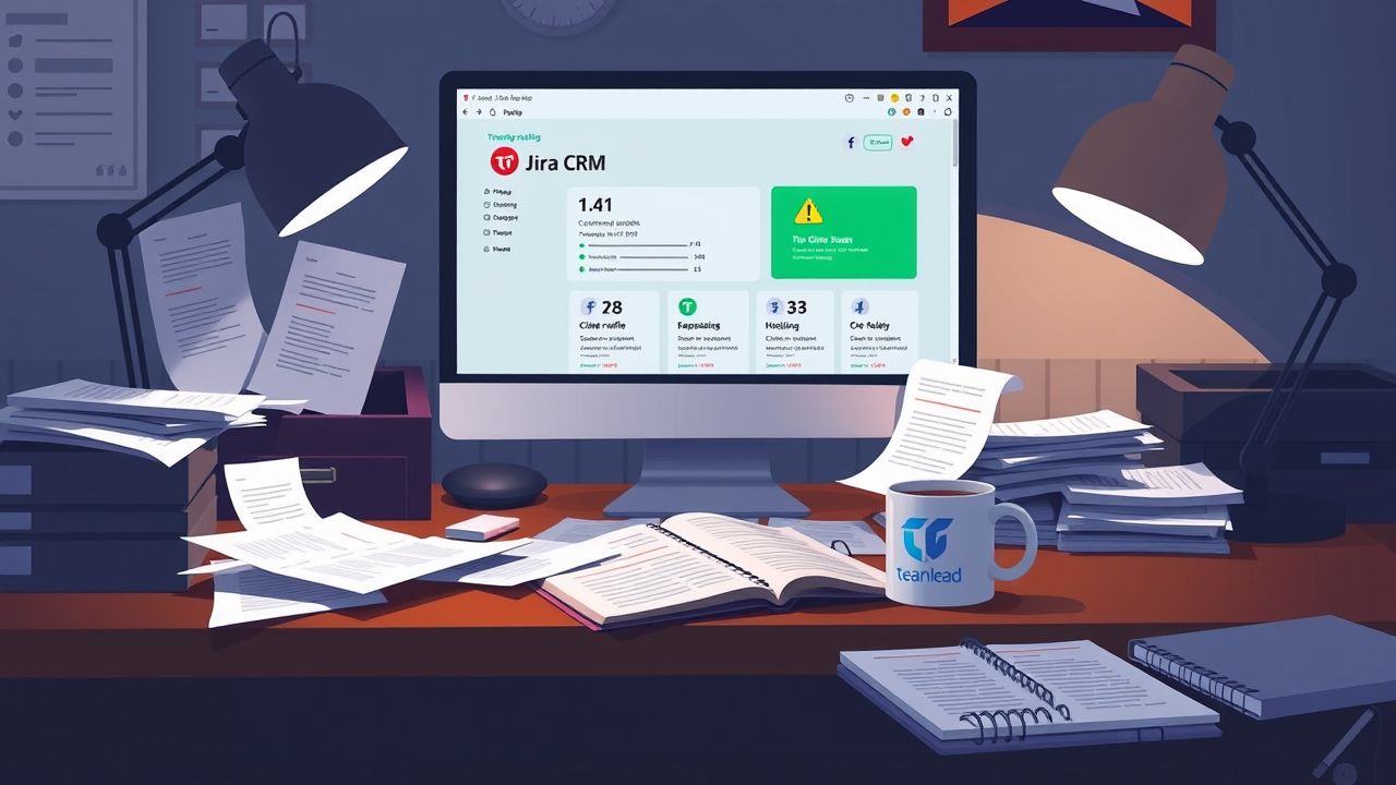 Een rommelig kantoorbureau met Jira CRM interface, klantprofielen, notitieboek en koffiemok.