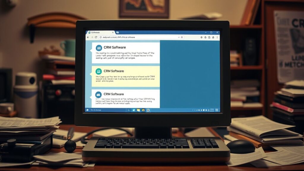 Een oude desktopcomputer met open CRM-software tabs in een thuiskantoor.