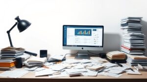 Een chaotisch bureau met computer CRM software interface en papieren.