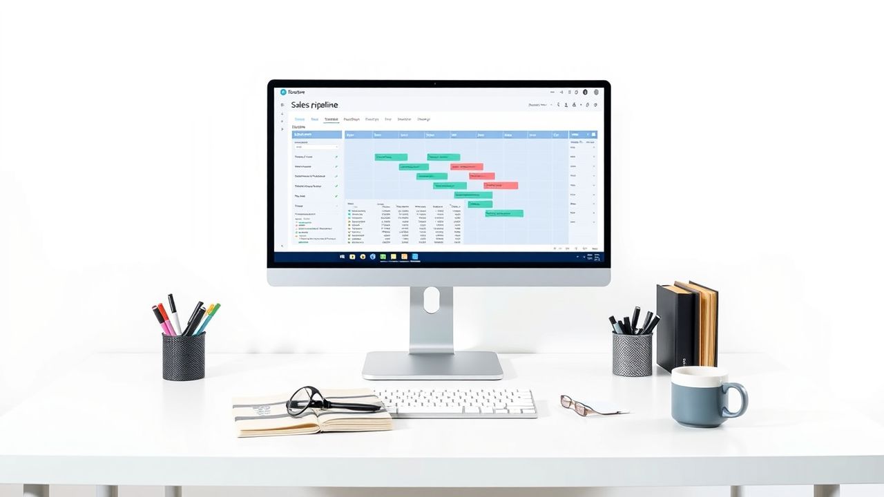 Een georganiseerd bureau met een verkoop-pijplijn dashboard op het computerscherm.