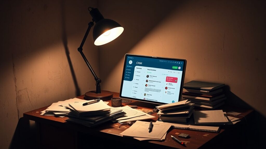 Een rommelig bureau met oude spullen and een CRM-scherm.