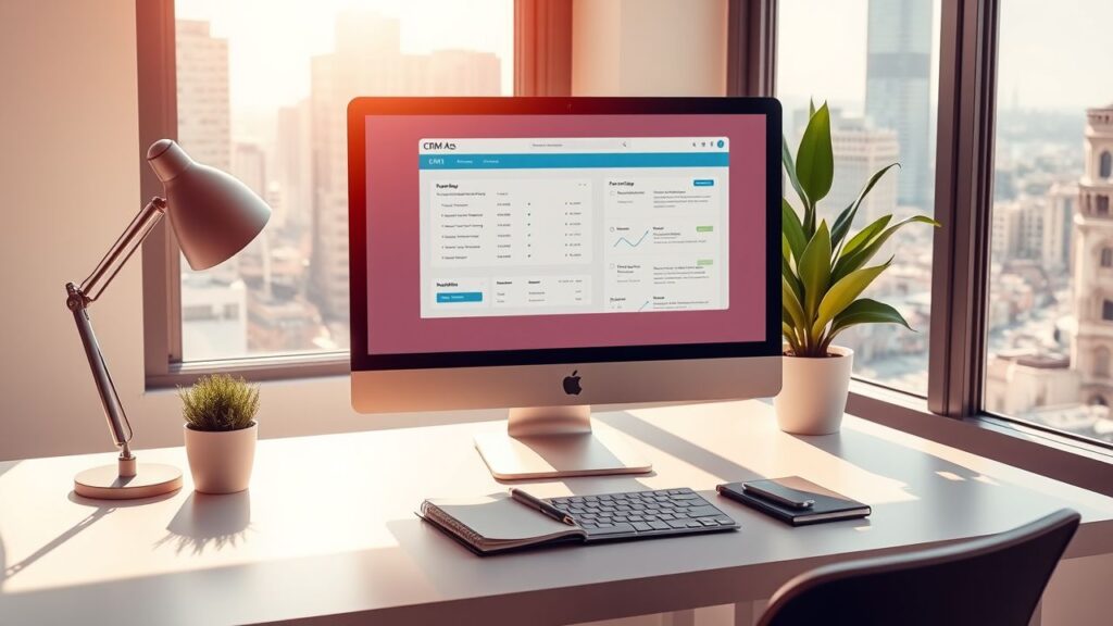 Een opgeruimd kantoor met een CRM-systeem op de computer.