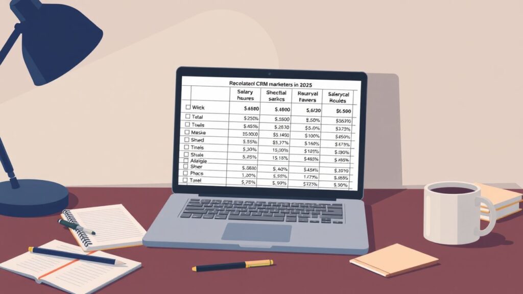 Een open laptop toont salarisgegevens voor CRM-marketeers in 2025.