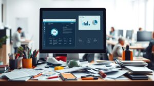 Een rommelig kantoor met een computer en verschillende kantoorbenodigdheden.