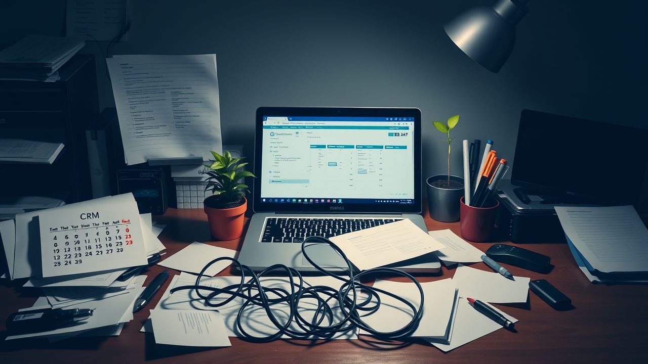 Een rommelig kantoorbureau met CRM- en ERP-software op laptop.