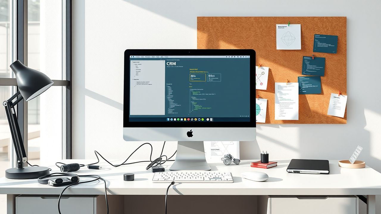 Een opgeruimd bureau met computer en technologische gadgets in een modern kantoor.