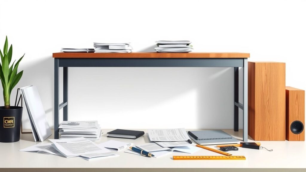 Een rommelig bureau met kantoorbenodigdheden en documenten in flat designstijl.