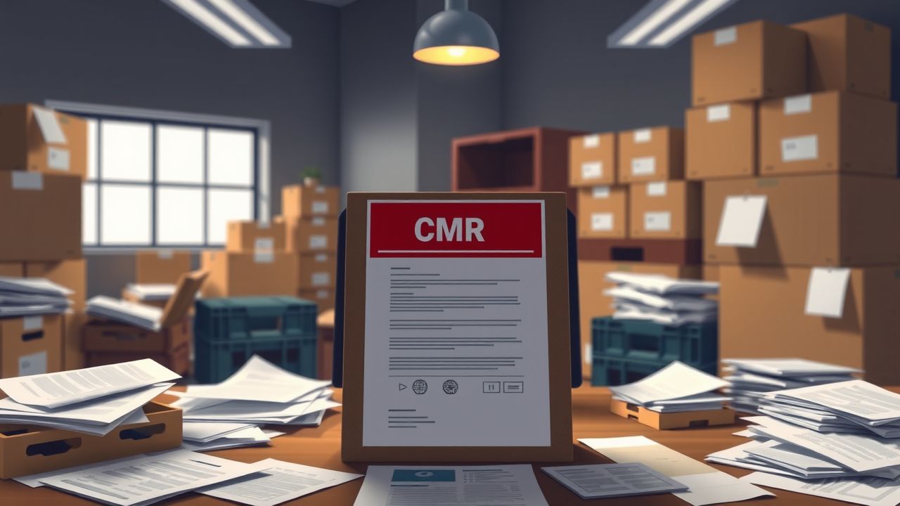 Een CMR transportdocument op een rommelig bureau in een kantoor.