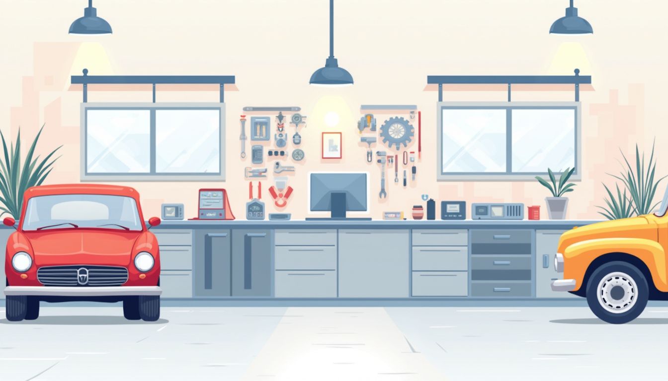 Een minimalistische, georganiseerde autoreparatiewerkplaats met moderne uitstraling.
