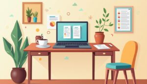 Een gezellig thuiskantoor met CRM posities, laptop en koffie.