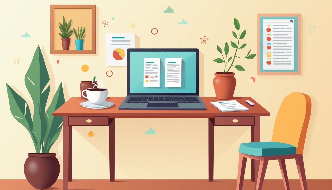 Een gezellig thuiskantoor met CRM posities, laptop en koffie.