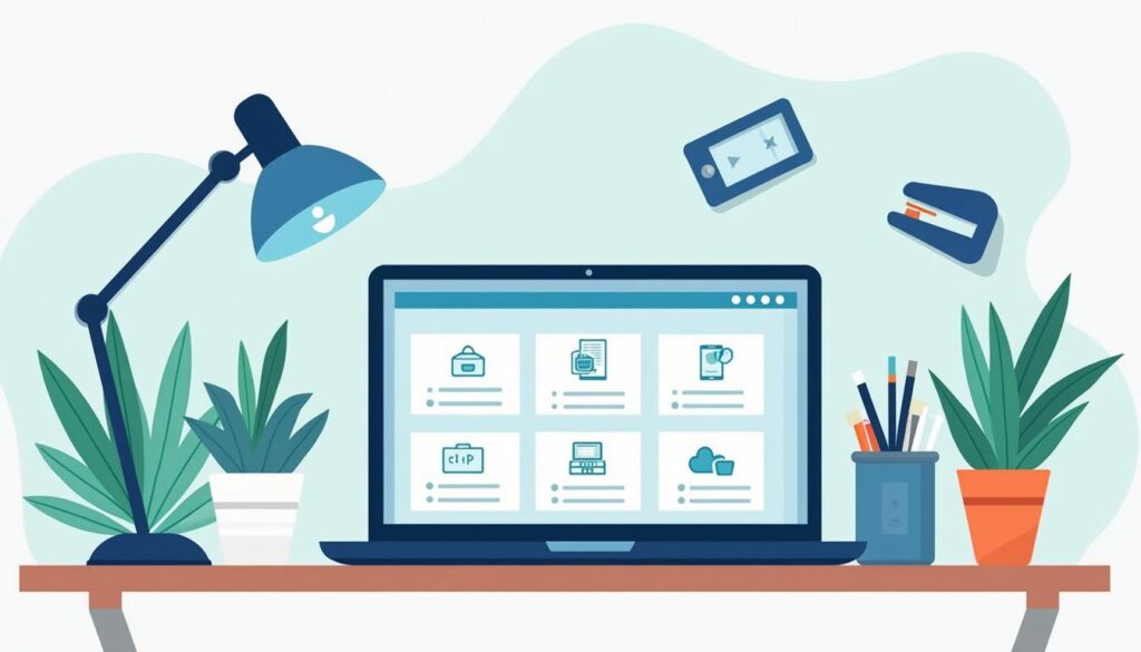 Een minimalistische flat design illustratie van een modern kantoor bureau.