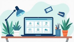 Een minimalistische flat design illustratie van een modern kantoor bureau.