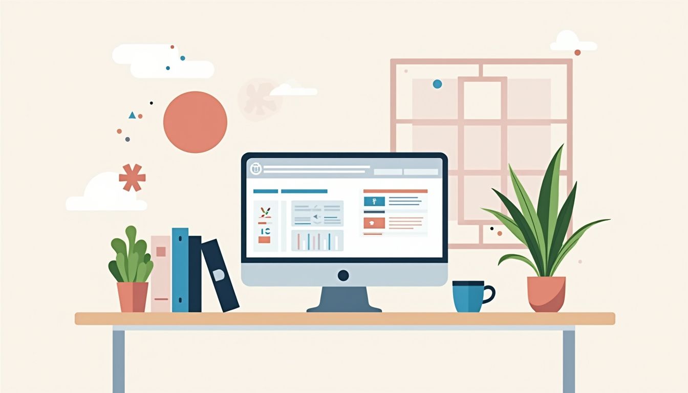 Een opgeruimde kantoorruimte met een computer, plant en koffiekopje.