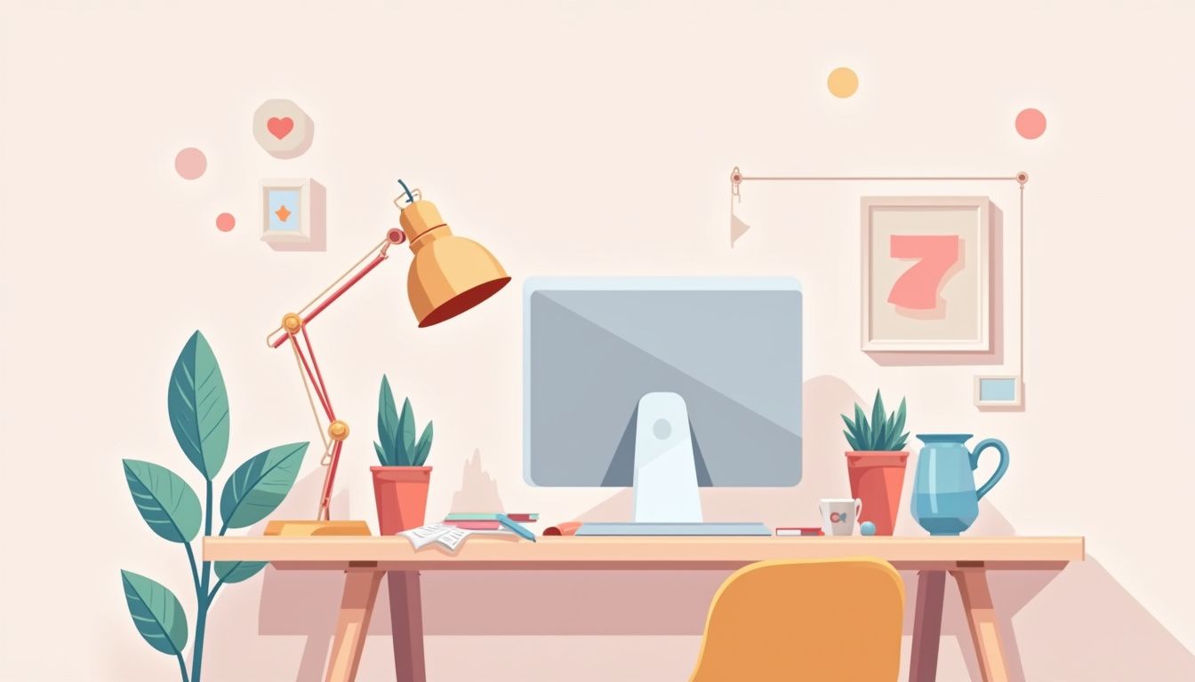 Een minimalistische kantoor bureau met moderne accessoires op een pastel achtergrond.