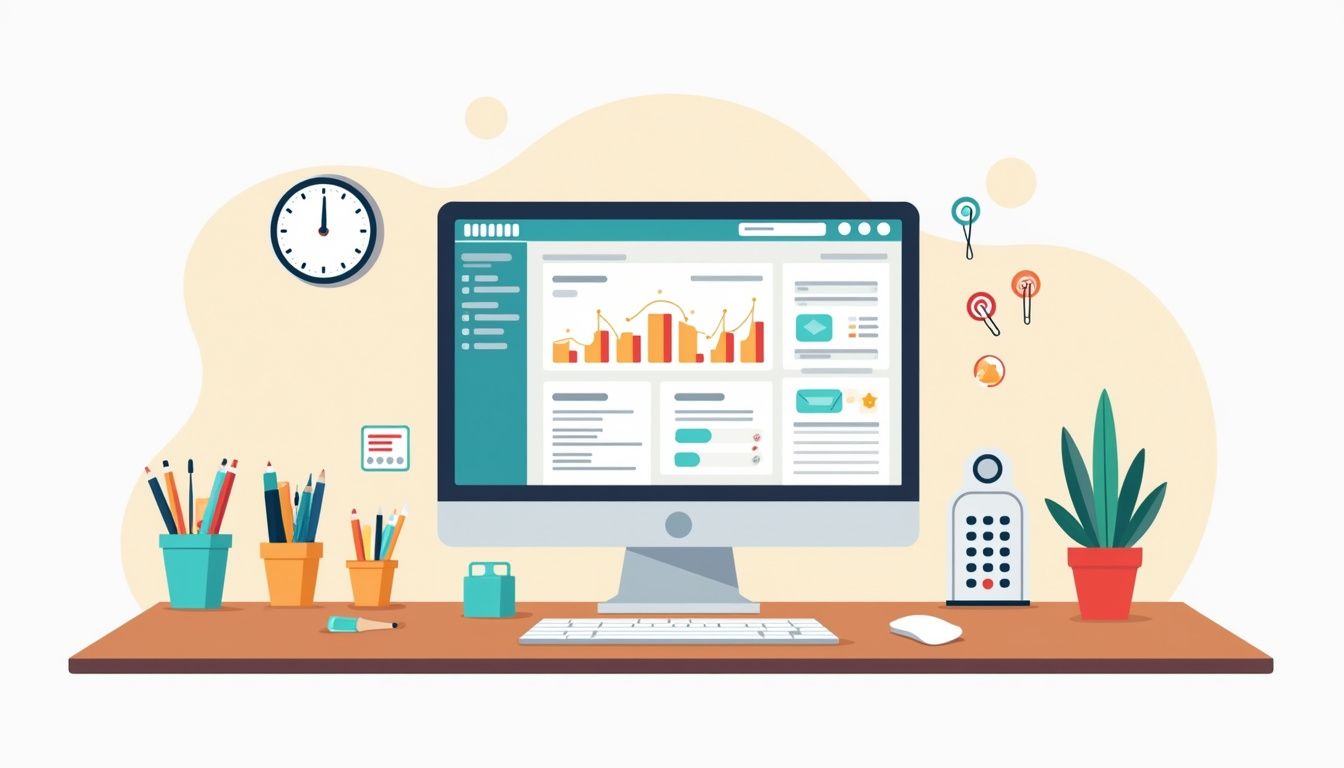 Een nette kantoorwerkplek met computer en bureau-accessoires in flat design.