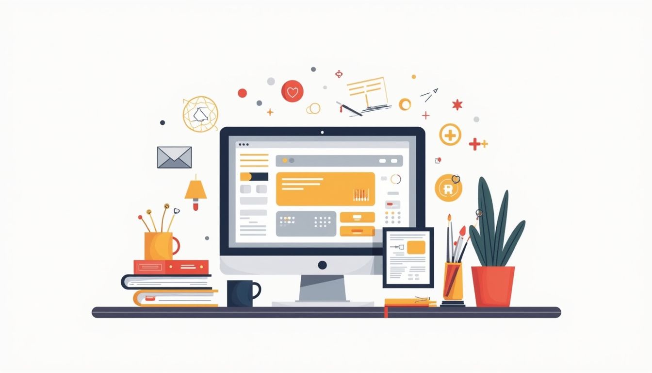 Een minimalistisch georganiseerd bureau met essentiële kantoorartikelen in felle platte kleuren.