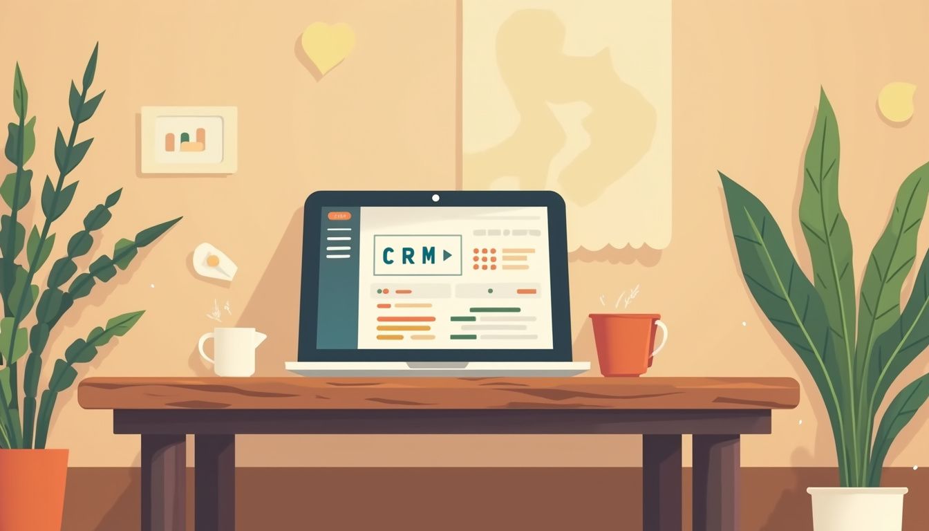 Een gezellig restaurantinterieur met een houten tafel en een CRM-software interface op een tablet.