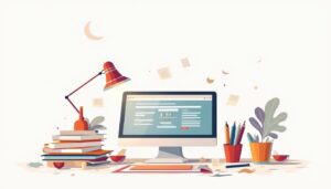 Een minimalistische flat vector illustratie van een hotel receptie met georganiseerde chaos.