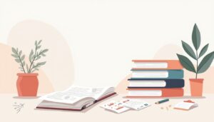 Een minimalistische werkruimte met CRM-handleidingen en iconen voor klantenopvolging.