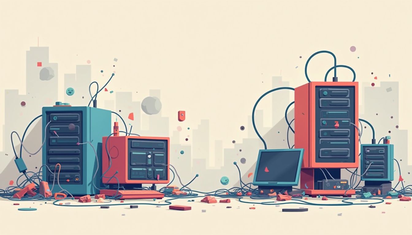 Een minimalistische vectorillustratie van een verlaten serverruimte met verouderde apparatuur.