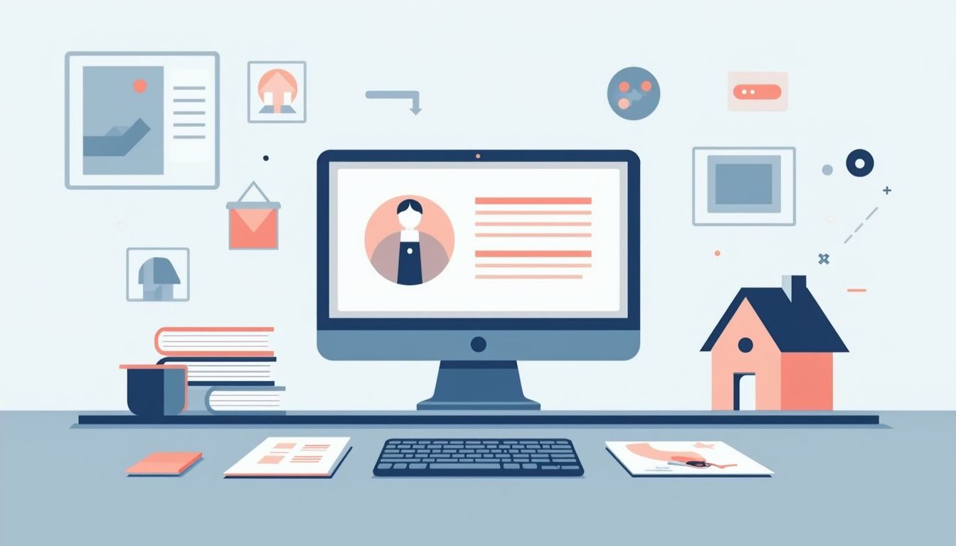 Een minimalistisch kantoor bureau met CRM-software en vastgoed iconen. Een minimalistisch kantoor bureau met CRM-software en vastgoed iconen.