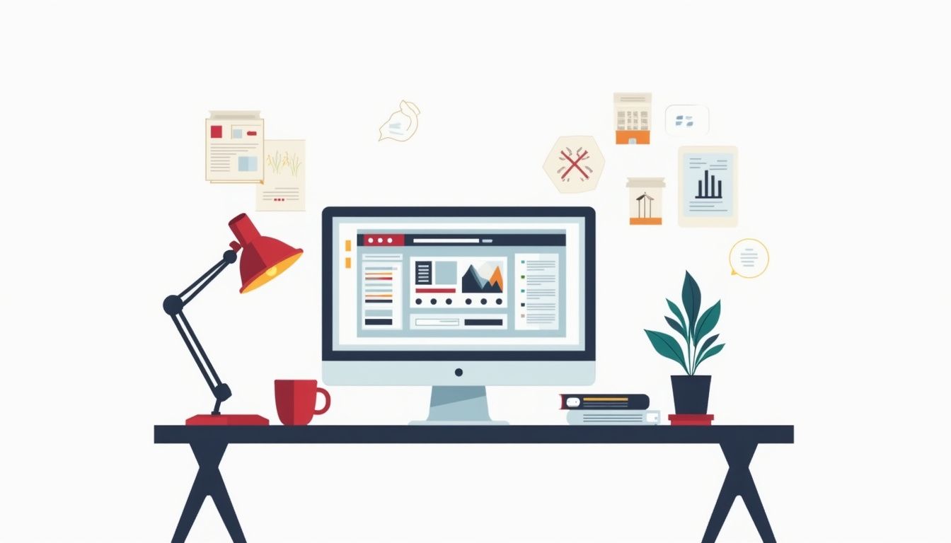 Een minimalistische vectorillustratie van een modern kantoor met CRM-software.