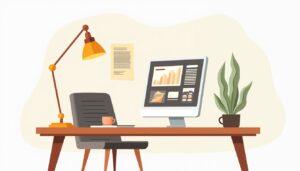Een minimalistisch kantoorinterieur met een oude houten bureau en computer.