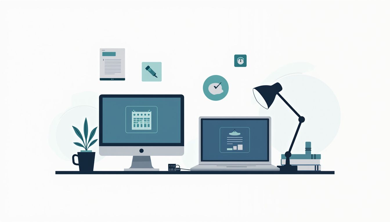 Een minimalistisch kantoor met CRM-software iconen op twee computerschermen.