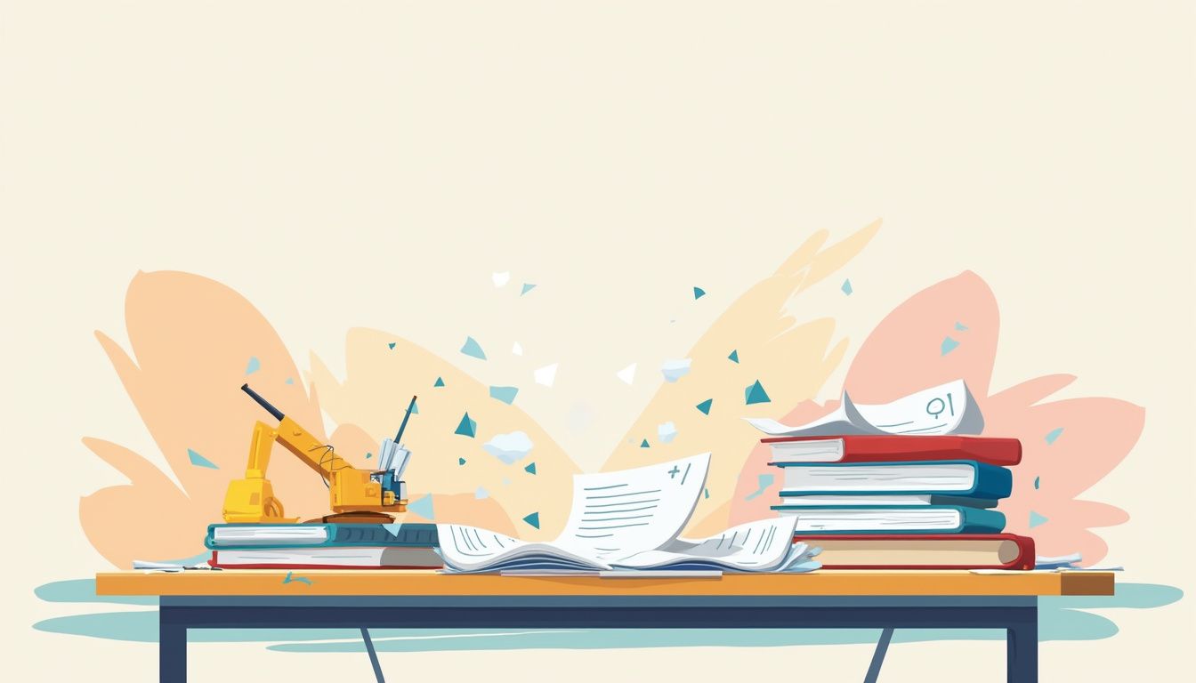 Een minimalistische, chaotische bureauscène met rommelige papieren en notitieboeken.