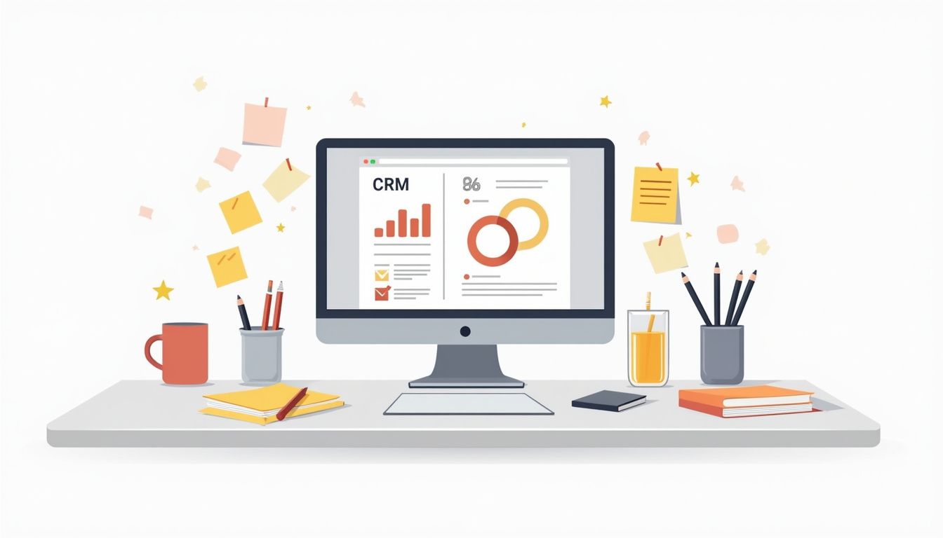 Een minimalistisch kantoorbureauscène met CRM-software en post-its.