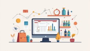 Een minimalistische flat vector illustratie van een georganiseerde werkruimte met een CRM software interface voor de detailhandel, omringd door een eigentijdse winkelomgeving.