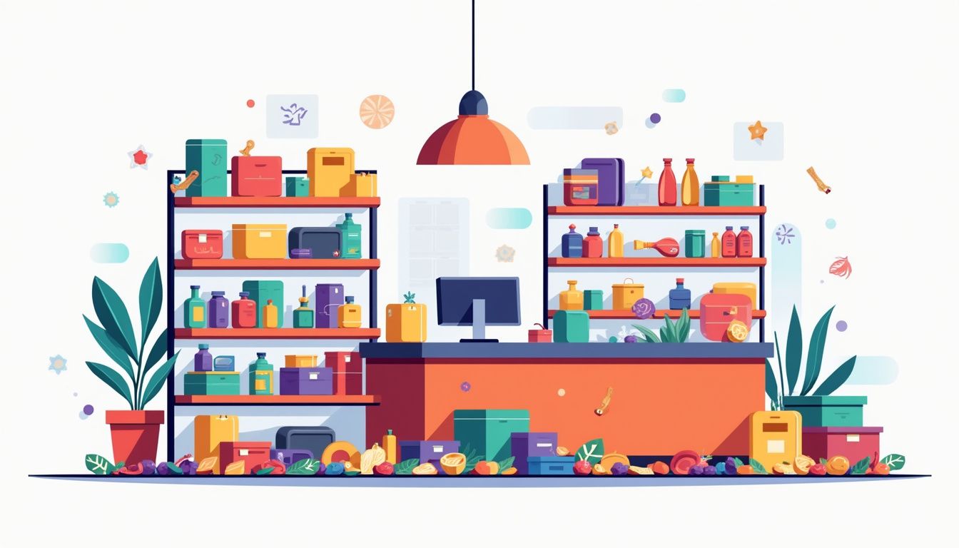 Een minimalistische, chaotische illustratie van een rommelige winkel.