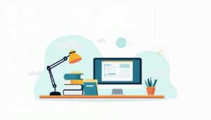 Een minimalistisch school administratiebureau met digitale interface en papierwerk.