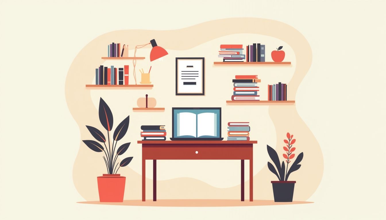 Een platte vectorillustratie van een georganiseerd klaslokaal bureau.