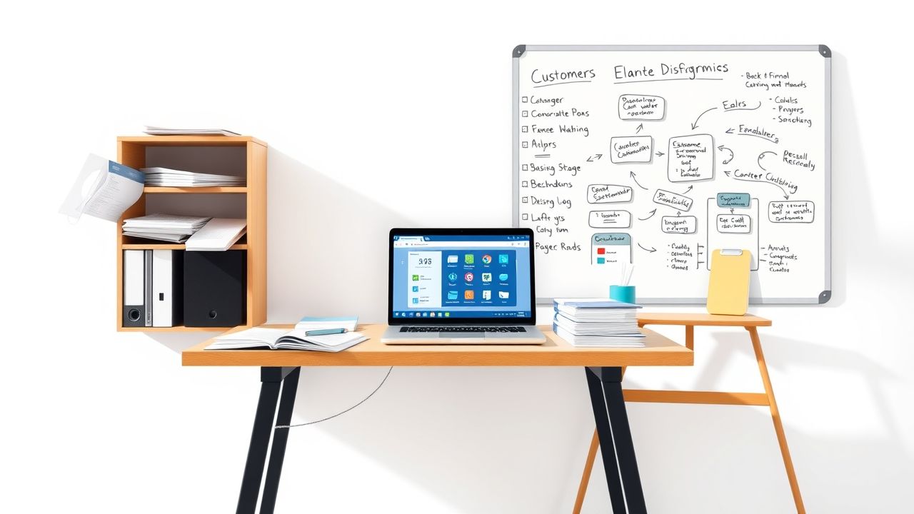 Een modern kantoorbureau met CRM-software, documenten en whiteboard.