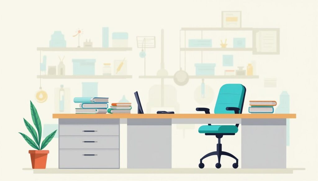 Een georganiseerd arts bureau met medische benodigdheden en patiëntendossiers.