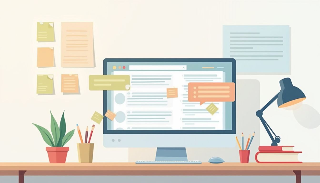 Een minimalistisch, modern kantoorbureau met CRM-software en notitieblaadjes.