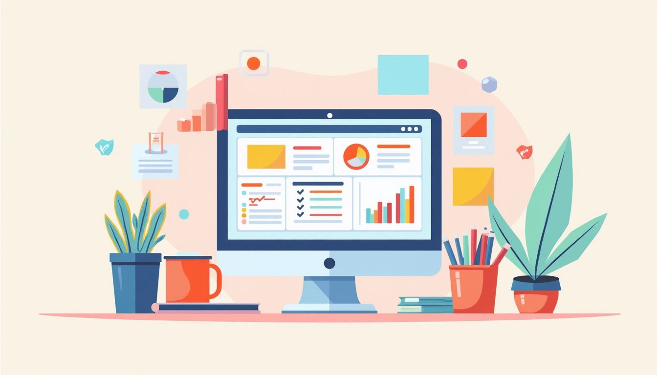 Een georganiseerd kantoorbureau met CRM-dashboard en kantoorbenodigdheden.