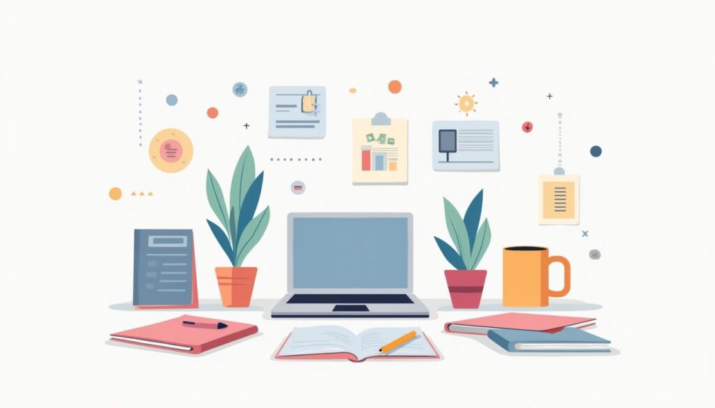 Een minimalistische vectorillustratie van een georganiseerd bureau met laptop, notitieboek, pen en koffiemok.