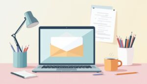 Een moderne kantoorbureau met LAPTOP, koffiekop en pennen.